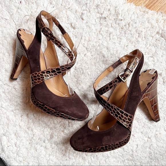Max Studio Brown Suede and Faux Crocodile (Leather) Platform Buckle Ankle Heels - Picture 1 of 11